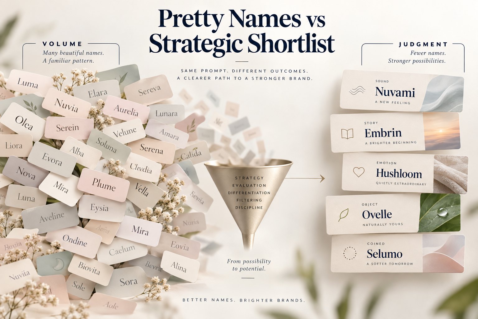 AI brand name generator ideas compared with a strategic brand naming shortlist