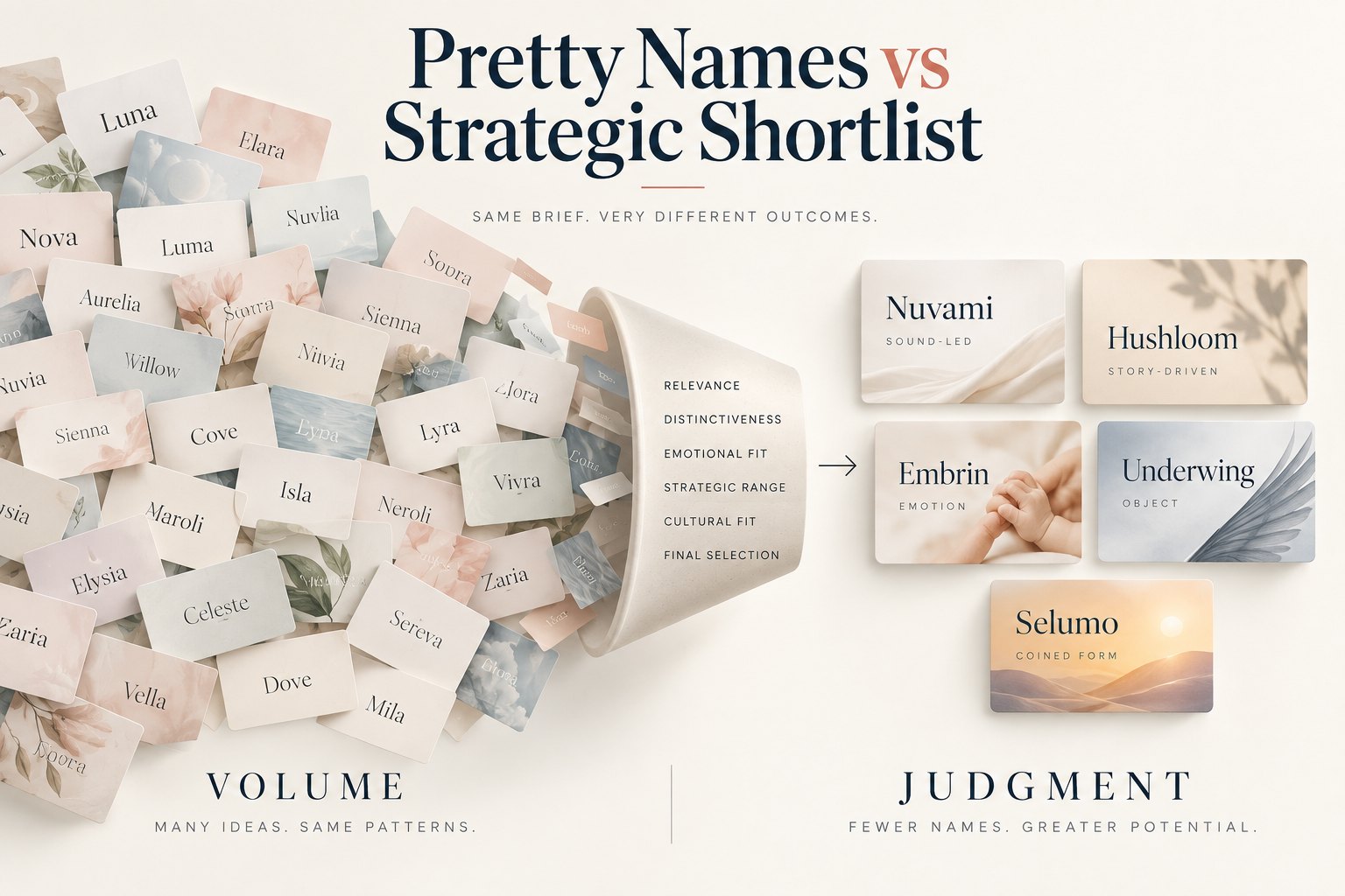 AI naming process showing many generated names filtered into a strategic shortlist